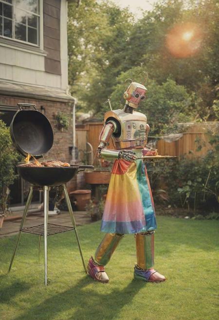 [Getty images quality, full-length photograph] , ((square_headed_retrofuturistic_robot) (wearing a rainbow coloured sun dress), (cooking food on a barbecue), (on a warm afternoon), (in the backyard of a suburban house), [photographed on 35mm film, and colorised with technicolor, (using experimental lenses)],  realisticvision-negative-embedding, epiCRealism, PA7_sdxl-Photo