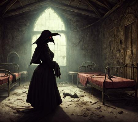 woman (plague doctor:1.1) at abandoned medieval hospital, hospital beds, (creepy:1.1), (nightmare:1.2), dark, 1girl, masterpiece, best quality, ultra-detailed, glowing detailed eyes behind mask with long beak, scary, mindfuck, horror, best quality, realistic shadows, dynamic light, intricate details, nsfw, uhd, highres, (pov:1.3), png, CG, old movie, absurdres, psychedelic, dark ruined environment, rot, (detailed textures:1.1), bad perspective, (fisheye:0.5)