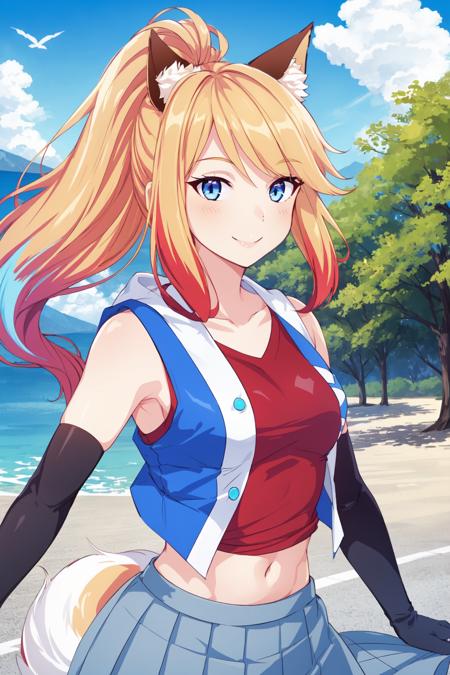 daina, 1girl, solo, long hair, ponytail, multicolored hair, bangs, blue eyes, blonde hair,fox_ears, looking at viewer, smile,  collarbone, red shirt,sleeveless jacket, elbow gloves, baggy pants, outdoors, park, scenic