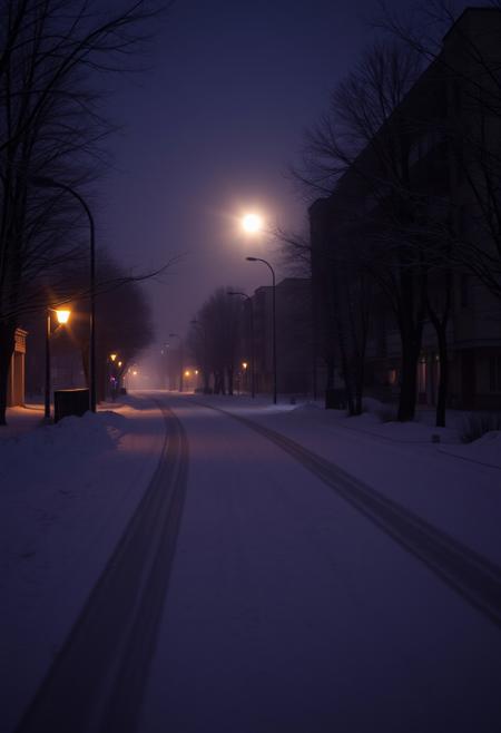 Frosty street of an abandoned city twilight snow road in the snow, dim light bulbs, the moon illuminates the road outside the frame