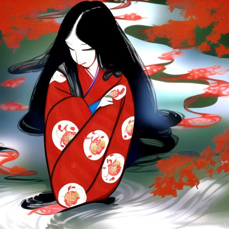 Asian woman wearing a red and white kimono by a rushing stream of water, long black hair, curved lines, <lyco:Masayuki-14:1.0>, 1girl, in focus, 35mm focal length,