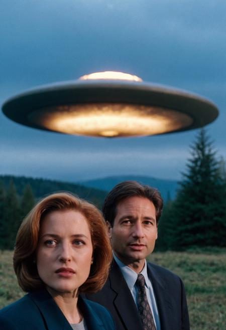 analog film photo XFiles, (Mulder and Scully), closeup, outdoors, big detailed UFO in background, eerie light, night, back light, 4k . faded film, desaturated, 35mm photo, grainy, vignette, vintage, Kodachrome, Lomography, stained, highly detailed, found footage