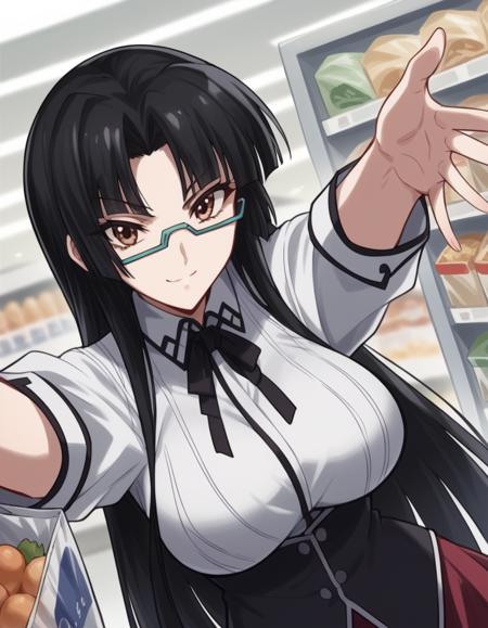 tsubaki shinra, long hair, black hair, brown eyes, glasses, semi-rimless eyewear, under-rim eyewear, parted bangs, bangs, blunt bangs, large breasts shirt, ribbon, school uniform, white shirt, black ribbon, neck ribbon, long sleeves, skirt, red skirt,