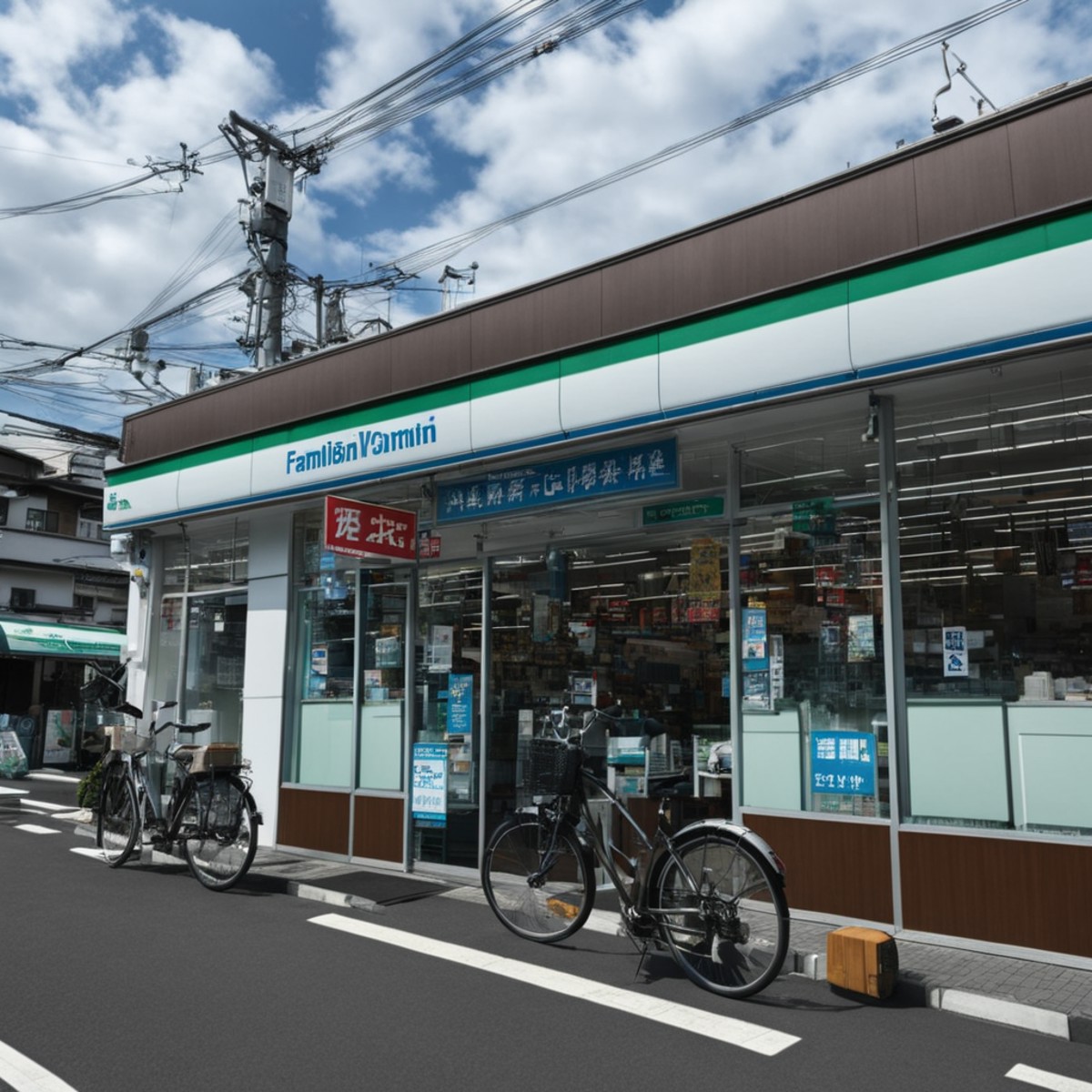 cinematic still best quality, ultra-detailed,
famima, konbini, scenery, storefront, bicycle, shop, convenience store, sky,...