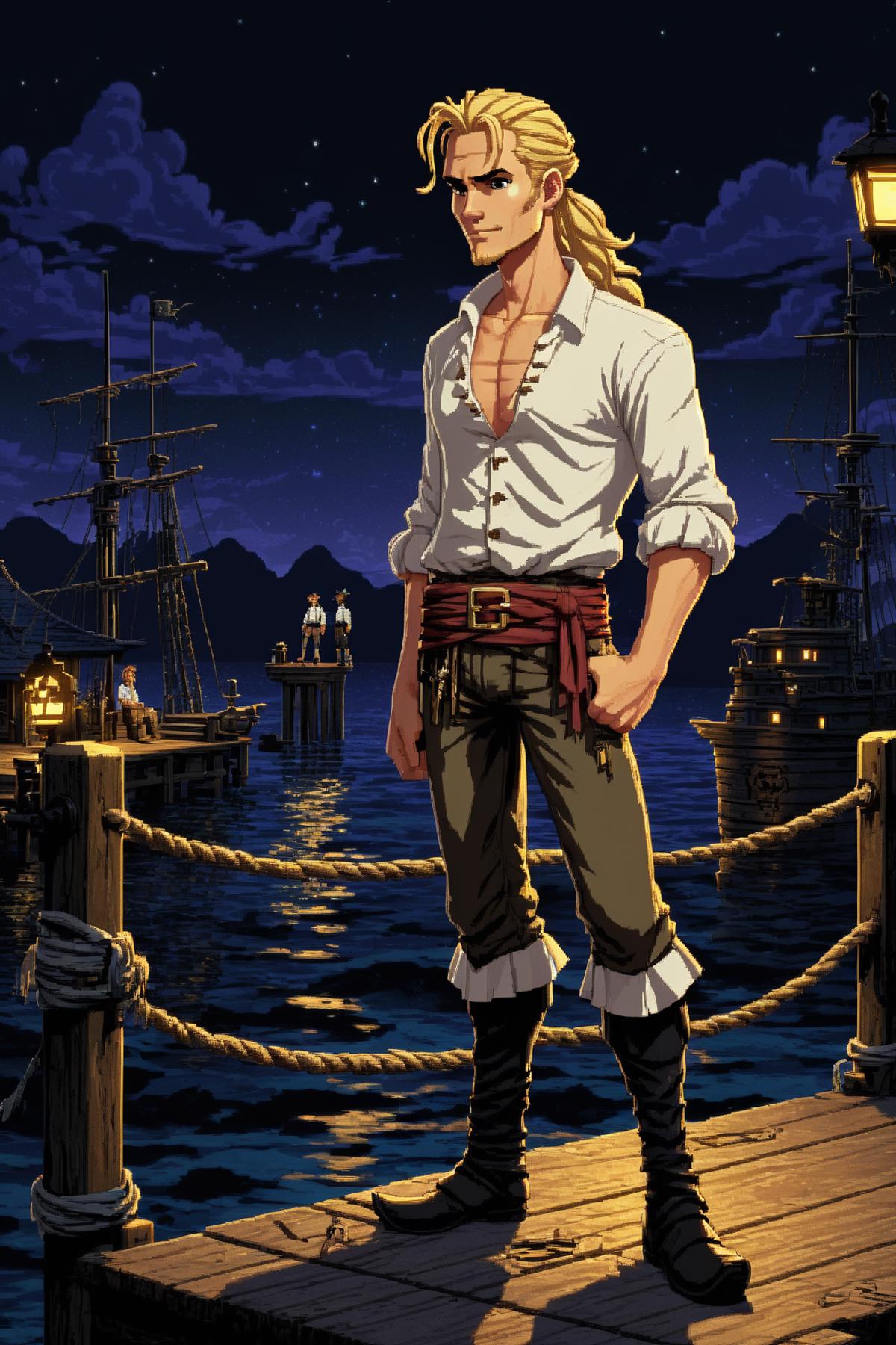 A man standing on a dock at night, with a pirate ship in the background.