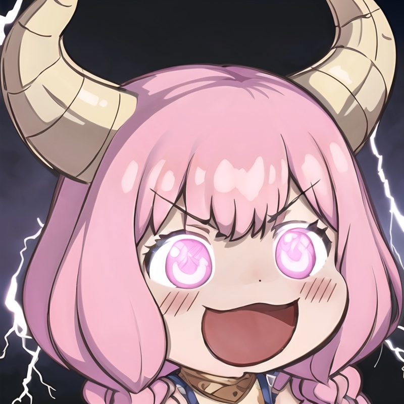 A cartoon character with horns, pink hair, and purple eyes smiling.
