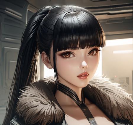 eve \(stellar blade\), ponytail, blunt bangs, bodysuit, mechanical parts, barcode, barcode tattoo