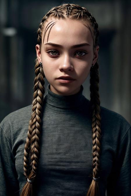 (dystopian depiction, dark, bleak, futuristic, detailed:1.15), headshot <lora:sd15_ShaelahMcGilton_v1-000018:.9> ShaelahMcGilton, focus on face, wearing a tshirt and jeans , her hair is styled as cornrows braid,