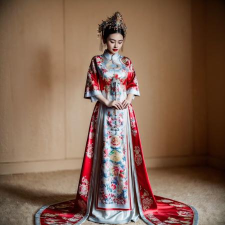 (8k, RAW photo, best quality, masterpiece:1.2), (realistic, photo-realistic:1.4), ultra-detailed, (Internet celebrity beauty),perfect detail ,  make up,(full body shot),China Jiangnan water town style, (cloud),zshs, a red and white dress with a red hat and gloves,<lora:zshs-10:0.8>