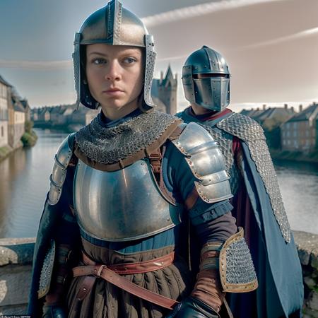  guard:1.3,  <lora:RPGGuard:0.8> solo, gloves, 1girl, solo focus, ((looking at viewer)), boots, outdoors, day, ((helmet)), armor, ((blue eyes)), shoulder armor, cape, brown gloves, holding weapon, polearm, chainmail,  blurry background, overlooking river, medieval town, (detailed eyes), (detailed iris), (realistic:1.3) (professional lighting:1.2) 