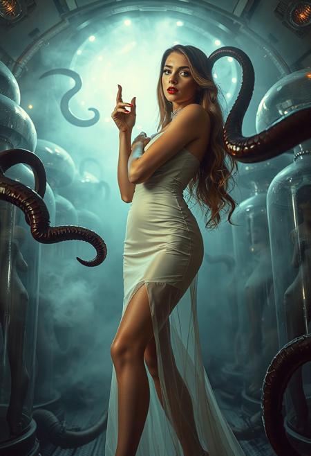 1woman, 0man, beautiful  sultry bride in sheer dress and nylon stockings aroused by eldritch tentacles, slave collar and chain
BREAK woman,  white woman, (elegant face, (angelic face)),  skinny body, beautiful long legs, ((elegant  sheer dress,((vintage nylon stockings)))), high heels, office lady, Femme Fatale
BREAK tentacles, tentacle sex, surrounded by cocoons with encased beauties at background, sci-fi, scifi, mind control, silver slave collar, brainwash machine, breeding chamber, steel, foil, fog, hypno, romance, poison, lipstick, long hair, heavy makeup, 1950s hairstyle, red nails, long hair, green eyes, sharp cheekbones, ultra thin waist , mysterious, alien spaceship, space, radiating, laser, dramatic lighting, epic hollywood movie still, sharp focus, emitting diodes, smoke, artillery, sparks, horror, fashion look, hollywood, vogue makeup, porcelain skin, long haired, ultrathin waisym reminiscent of H.R. Giger, Zdzisław Beksinski, and Ash Thorp's dark, sleek styles, with close-up glamour photography, glossy satin and silver heels glistening, fleshy slime dripping, and dark shadows.