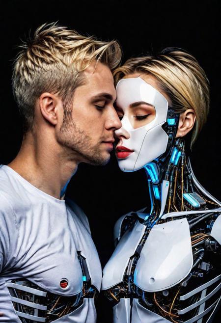 ( Ultradetailed desing T-Shirt square inside portrait woman and take only head Android man and kissing, Sci-Fi marc , 8k , tecnology detailed,chips, mechanism, beautiful neon colors , blonde and black hair, scuare desing:1.0)