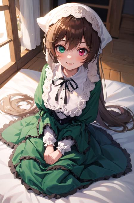 (masterpiece,best quality, detailed), indoors, looking at viewer, 1girl, solo, full body, from above, smile, sitting, wariza,
suiseiseki, heterochromia, twin drills, green dress, neck ribbon, bonnet, head scarf