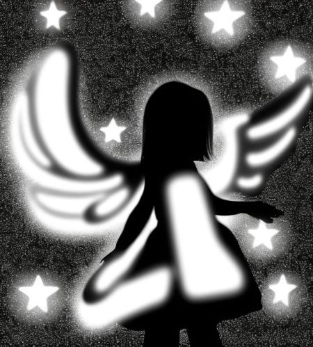 a black and white photo of an angel with wings and halos on a bright background with stars and a light, a picture of a heaven with a lot of lights and a large demon on it's face, (aerialstyle:1.2)