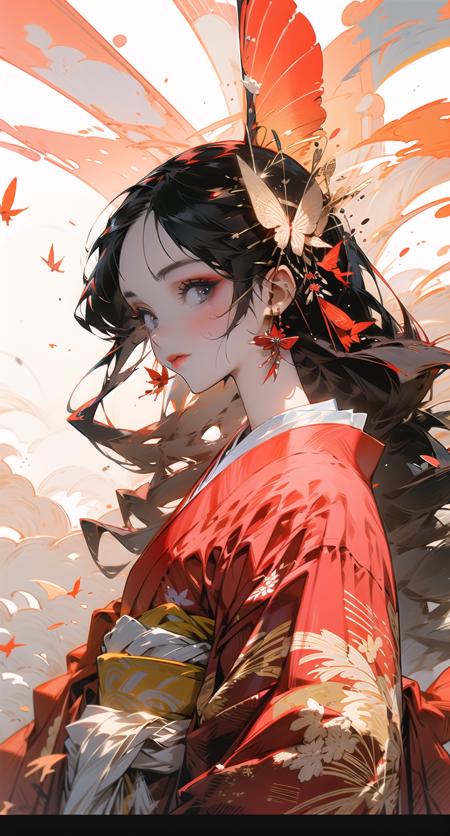 sinsya, 1girl, solo, long hair, hair ornament, japanese clothes, black hair, upper body, kimono, jewelry, earrings, red lips, butterfly, bug, red kimono <lora:sinsya-pynoiseloha:1>