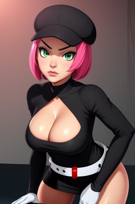 rcketgrunt,short hair,pink hair,green eyes,holding poke ball,
team rocket uniform,hat,belt,white gloves,black turtle neck,long sleeves,
solo,upper body,standing,serious,black miniskirt,leaning forward,cleavage,
secret base,
(insanely detailed, beautiful detailed face, masterpiece, best quality),<lora:RocketGrunt-10:0.9>,