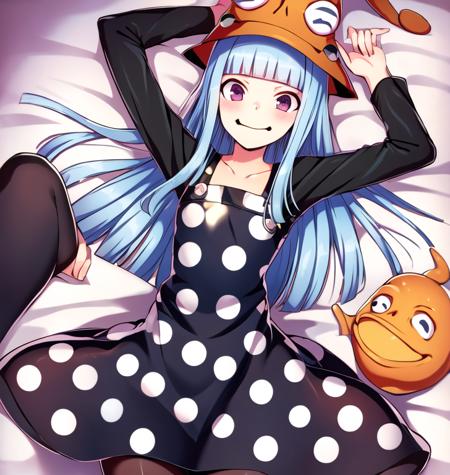 masterpiece, high quality, extremely detailed,  <lora:eruka:1>, eruka frog (soul eaters), 1girl, solo, long hair, smile, bangs, hat, dress, blue hair, pantyhose, boots, blunt bangs, polka dot, polka dot dress,  in bed, thick thighs, cowboy shot, laying on bed, arms up,