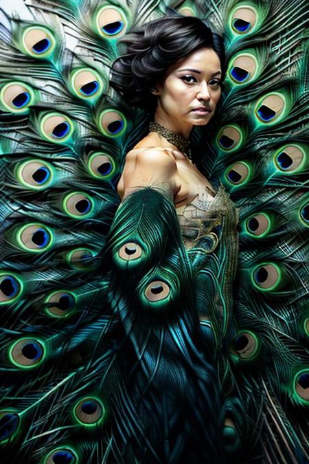 score_9, score_8_up, score_7_up, Ultra High Definition, Impeccable Detail, Premier Quality, Best-in-class, (Photorealistic), (Lifelike), raw photo,peacock, peacock full body, side view, white background, simple background, painting (medium), no humans. peacock feathers, pavolaris,