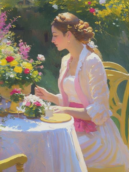 <lyco:KonstantinKorovin:1.0> painting of a woman sitting at a table with flowers in front of her, in the style of iryna yermolova, impressionist gardens, light yellow and pink, madonna and child, ivanovich pimenov, tightly cropped compositions, romantic scenery