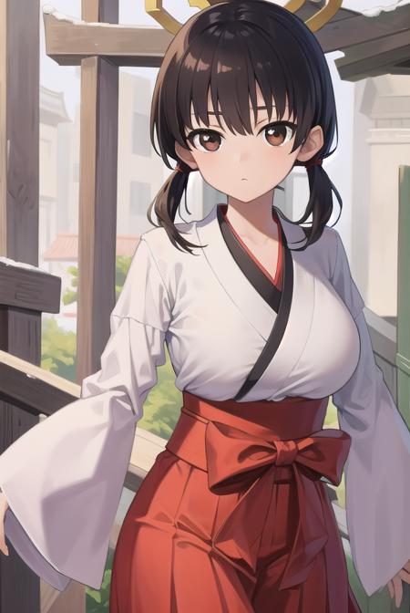 komakijindai, <lora:komakijindai-000010:1>,
komaki jindai, long hair, (black hair:1.5), twintails, (brown eyes:1.7), low twintails, (large breast:1.2), (hair between eyes:1.5),
BREAK skirt, long sleeves, cleavage, japanese clothes, wide sleeves, kimono, hakama, hakama skirt, white kimono, miko, red hakama,
BREAK looking at viewer,
BREAK outdoors, shrine,
BREAK <lora:GoodHands-vanilla:1>, (masterpiece:1.2), best quality, high resolution, unity 8k wallpaper, (illustration:0.8), (beautiful detailed eyes:1.6), extremely detailed face, perfect lighting, extremely detailed CG, (perfect hands, perfect anatomy),