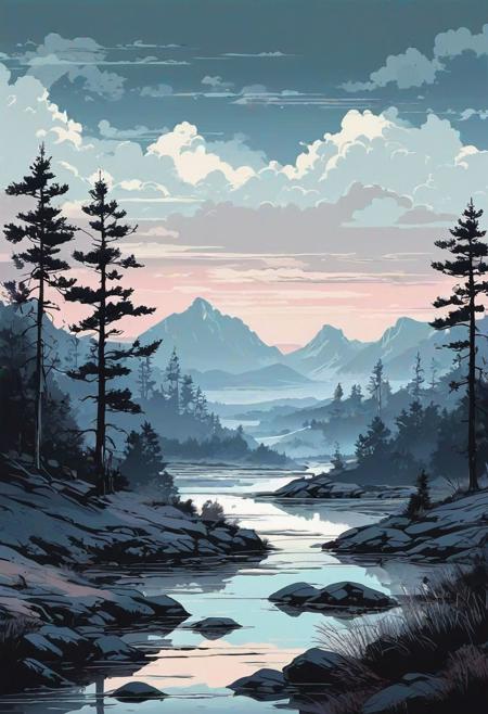epic landscape, animation style, vectoring, high detailed, ink painting, melancholy colour palette, muted pale light faded colors, a complex composition,