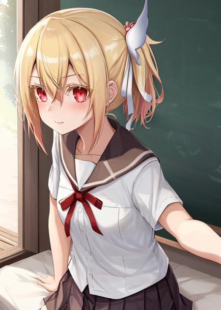 <lora:Fuyou_Yuuna-10:0.8>,Fuyou_Yuuna, 1girl, solo, blonde hair, hair ornament,red eyes,thick eyelashes, hair between eyes,school uniform,hair ribbon,white shirt, short sleeves, serafuku, side ponytail, red ribbon, neck ribbon,white ribbon,