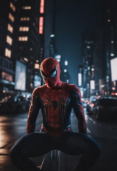 Portrait face Solo spiderman flying in new york , photograph ,pale beautiful photo, ultra detailedspiderman suit , night time, cinematic composition,  cinematic filtering