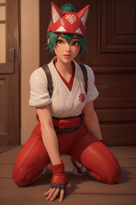 realistic, realism, photorealism, photo-realistic, high contrast, (photorealistic:1.4), 8k high definition detailed realistic, (best quality, masterpiece:1.2), NSFW,  photon mapping, radiosity, physically-based rendering, best quality, highly detailed, 1girl, (owkiriko), kiriko \(overwatch\), green hair, red headwear, (red leggings),  ((full body)), outside, Kneeling on the ground, fox hat, fox ear, sneakers