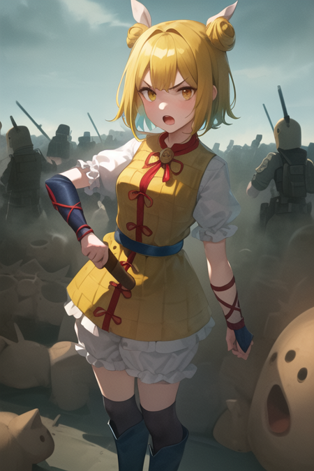 Mayumi Joutouguu yellow eyes yellow hair bob cut two hair buns held by a white cloth yellow lamellar armor short white sleeves white pants yellow skirt purple armguards secured with red rope dark blue boots