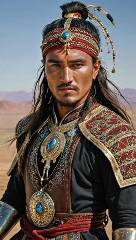Nomadic steppe warrior spirit, abstract dynamic pose, Uyghur facial features, flowing spiritual lights, vast steppes backdrop. Masterpiece quality, sidelit, finely detailed beautiful eyes (1.2 scale), intricate elegant attire, high detail, majestic. Infuse Casey Baugh realism and abstraction, Greg Rutkowski surreal landscapes, gold filigree accents