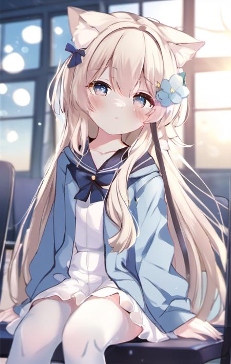 1girl,cat ears,anime style,white long hair,full body,loli,potrait,nai night scape,masterpiece,in classroom,white legwear,((sunny out side)), best quality,solo,momoko,cat ears,in seat,solo,morning,indoor,cinematic lighting, looking at window, long hair, sitting on school chair,school desk, hair ornament, hair flower, cute, white flower,light blue coat,white dress,cinematic lighting,white tail