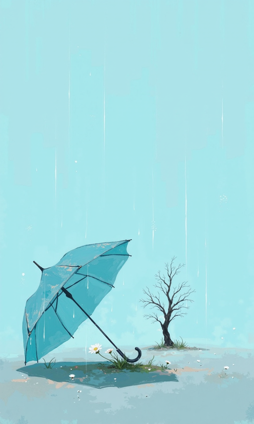 A rainy scene with a light blue background with is a solitary, leafless tree. In the foreground, there is a blue umbrella lying on the ground, open and tilted to one side, shielding a small patch of grass with a few white daisies is growing in it. 