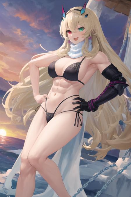 masterpiece, high quality, 1girl, medium breasts, \:d, smug, hands on hips, eye focus, feet out of frame, sunset, hill, <lora:barghest>barghest, tall muscular female, long hair, blonde hair, horns, heterochromia, red eyes, green eyes, ice-warrior, bikini, single gauntlet, bare shoulders, chain