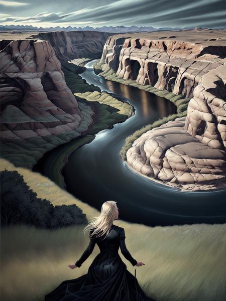 On pale black paper, Margins Art, landscape of a Apocalyptic Kindhearted San Francisco from inside of The Horseshoe Bend, lush nature, dense grass, at Midday, Sketch, Screaming, telephoto lens, Cold Colors, art by Mark Brooks