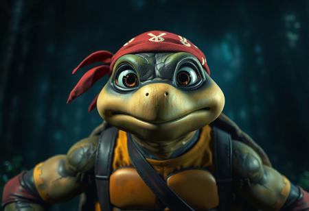 A turtle -faced turtle character portrait, wide eyes expressing surprise, wearing a yellow shirt and a red bandana with a peace sign. Standing against a dark, atmospheric forest backdrop with subtle foliage. Dramatic cinematic lighting, sharp focus, ultra detail, lifelike rendering. Matte painting style, splash ink effects, octane render, unreal engine 5, cgsociety, trending on artstationhq, impeccable composition, golden ratio.