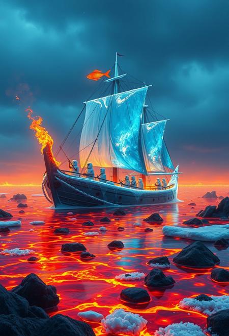 magma lake, heat, flames, lava, BLUE ICE ship, MELTING PARTS, The crew is a group of snowmen, a ship that is made out of ICE, the ship is forming out of a wavE OF STEAM very surrealistic in another universe, unrealistic, SAILING IN A SEA OF MAGMA, fire fishs jumping from the magma, rocks, melt