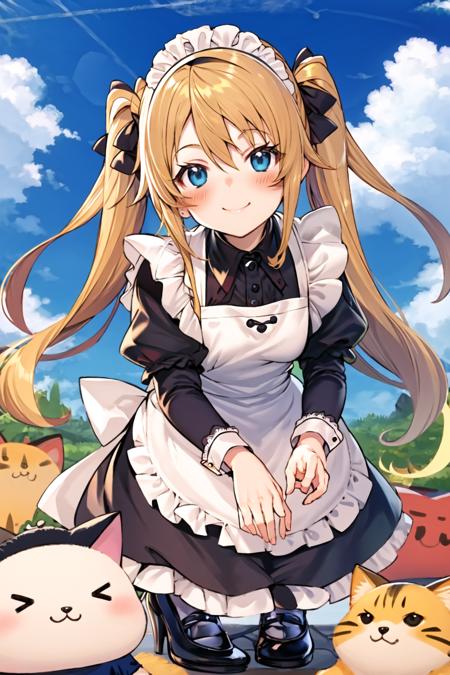 <lora:Shirabi:1>, 1girl, animal, cat, dress, bangs, frills, blush, twintails, petting, smile, squatting, apron, solo, holding, headpat, shoes, hairband, virtual youtuber, blonde hair, brown dress, blue eyes, closed mouth, long sleeves, hair between eyes, wide sleeves, brown apron, puffy sleeves, frilled sleeves, black dress, juliet sleeves, maid headdress, frilled apron