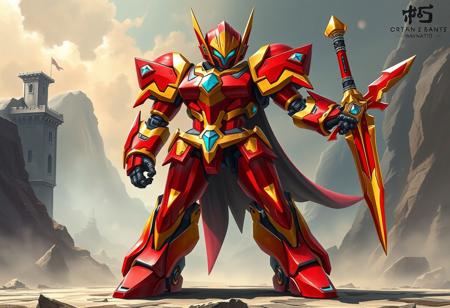 A masterful fantasy illustration of a Gem-Knight Quartz robot, a striking figure in red and gold with bold black and silver accents, standing in a proud, heroic stance. Its vibrant red head with a gold visor gleams, slightly tilted, hinting at curiosity. The robust body, a blend of red and gold with black and silver details, is depicted with an exceptional quality of handcrafted precision, showcasing super detailed armor plates and intricate mechanical aesthetic. The arms and legs, matching in design, are ready for action, with a red, gold, black, and silver sword firmly gripped in its right hand, emphasizing a sense of readiness and alertness in a well-timed moment. The background is a dramatic and ancient Fortress Whale's Oath, rendered as a sprawling, beautiful matte painting with sharp lines and expressive brush strokes, conveying a powerful message. The composition adheres to the Golden Ratio, utilizing a creative angle and attractive background to enhance the robot's majestic presence. Stunning multi-colored palette and harmonious colors create a captivating lighting. Style reminiscent of CGSociety concept art, with elements of Splash Ink Illustration for dynamic effects around the robot, showcasing vivid emotions and a joyful impact. Trending on ArtstationHQ.
