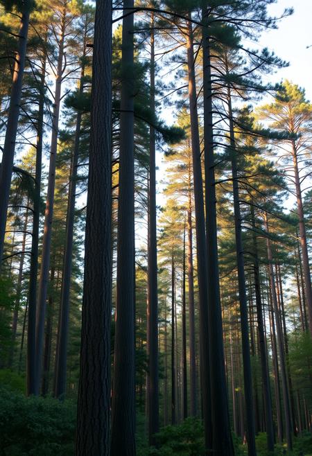 Japanese forest, warm summer evening light, tall trees