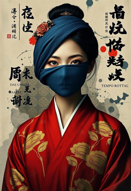 (abstract collage artwork, Art by Sergio Toppi)** A stylized digital portrait depicts an East Asian woman, her features abstractly fragmented. A textured indigo cloth veils her face, revealing sharp, contemplative eyes and a sliver of glowing golden-ivory skin. Her jet-black hair is swept into a sleek chignon adorned with a floral metalwork hairpin. She wears a hanbok-inspired crimson robe with wide sleeves, embroidered with golden peony motifs, swirling clouds, and geometric lattice patterns in metallic embossed textures.  
The backdrop merges torn rice paper, ink washes, and layered collages. Multilingual phrases—Chinese *"碎片记忆,"* Korean *"흩어진 ﷿간,"* German *"DAS UNSICHTBARE,"* Japanese *"記憶の影,"* Italian *"TEMPO ROTTO,"* and English *"LOST SIGNAL"*—appear in weathered calligraphy and fractured typography, overlapping ink splatters in charcoal, ivory, and burnt sienna. Circular seals with fragmented characters and abstract symbols punctuate the design. Traditional East Asian motifs (ink landscapes, cherry blossoms) clash yet harmonize with Western blocky text and surreal geometric shards, weaving a narrative of cultural memory and fractured identity.