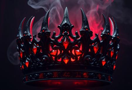 dark and ornate crown, adorned with jagged gemstones, intricate demonic symbols carved into black metal, glowing faintly with crimson energy, dark ethereal smoke rising from the crown, jagged horns extending from the sides, pulsating with infernal power, deep red and black hues, glowing runes circling the crown, high resolution, photorealism, ((masterpiece)), soft crimson light illuminating the surroundings, dark magic radiating from within, revered and feared artifact, ancient demonic power, sharp angular design, a mist of dark energy enveloping the crown