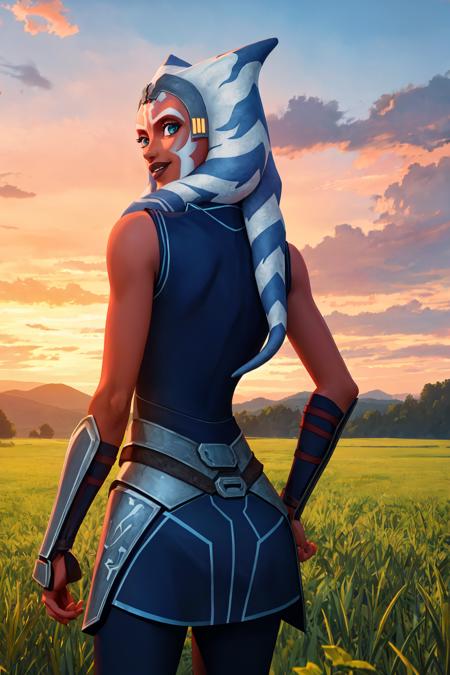 (masterpiece, best quality), outdoors, field, sunset, cowboy shot, 1girl, solo, AhsokaS7, AhsokaS7Outfit, colored skin, <lora:AhsokaS7_V1-Manityro-dadapt:1>, looking at viewer, smile, head tilt, blue shirt, sleeveless, vambraces, belt, blue skirt, blue leggings, hip armor, from behind, looking back