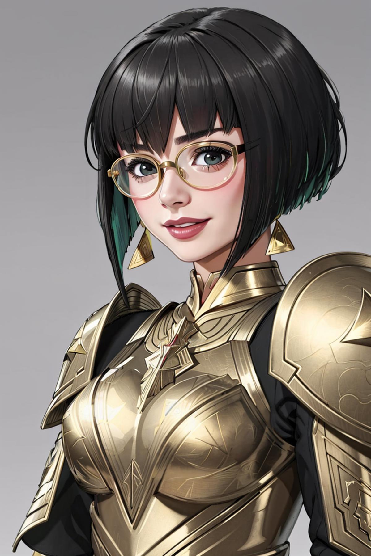 Drawing of a girl with glasses wearing a costume.