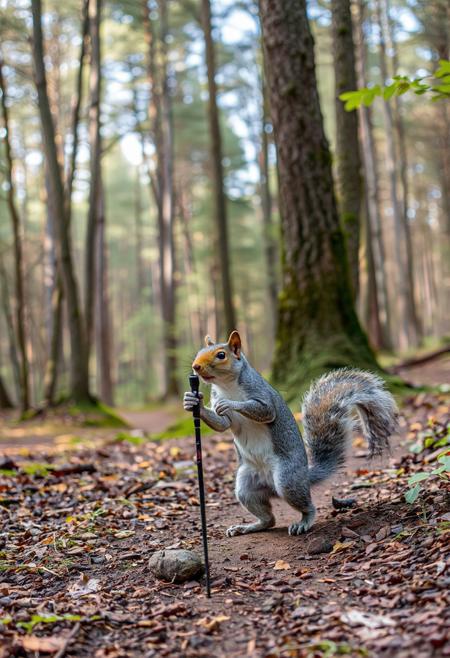 A grey squirrel hiking with a hiking pole on a beautiful forest trail