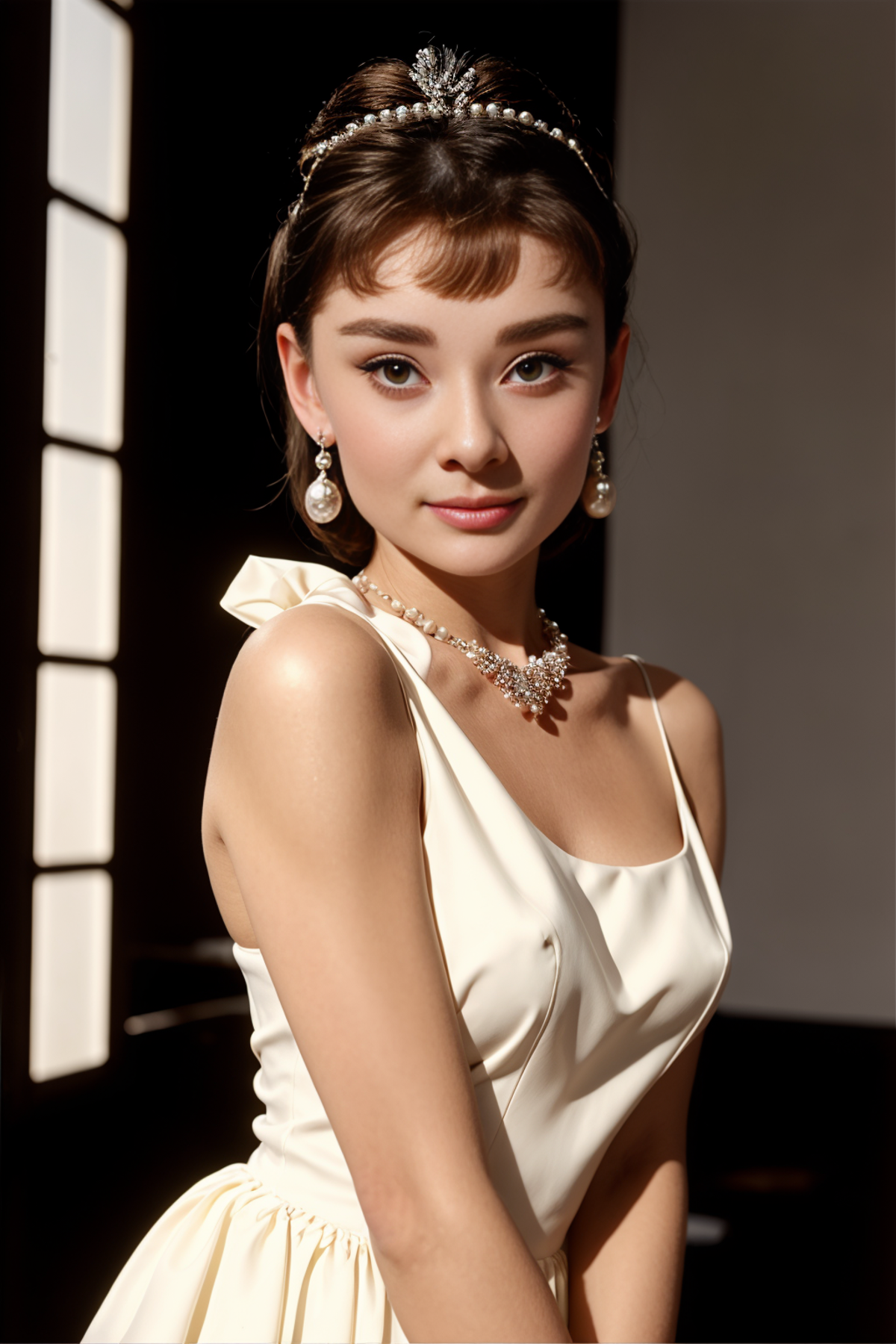 A young woman wearing a white dress and pearl necklace poses for a portrait.