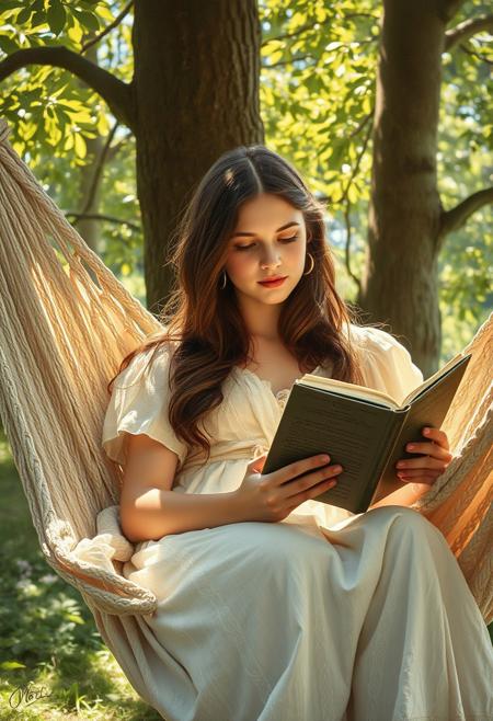 19th century Victorian oil painting by Ernest Normand. In it, a young woman is reclining in a hammock, engrossed in a book. She has long, wavy brown hair cascading over her shoulders and wears a light, flowing white summer dress. The hammock is made of soft, woven fabric with subtle patterns. It is suspended between two large, lush trees in a serene, sunlit forest. The background features soft green foliage with dappled sunlight filtering through the leaves. The lighting creates a warm, golden glow on her face and hands, highlighting the texture of the book and the hammock. Gentle shadows from the trees add depth to the peaceful scene.