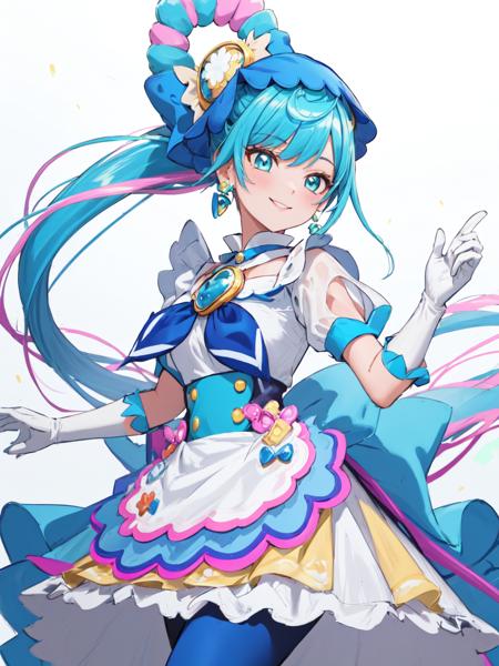 cure spicy cure spicy, multicolored hair, ponytail, blue high heels, blue legwear, headwear, gloves, brooch, earrings, ahoge, apron, ribbon, wristwatch cure spicy, multicolored hair, ponytail, blue high heels, blue legwear, headwear, brooch, earrings, ahoge, apron, ribbon, wristwatch, hat, long dress, hat, hair flower, white skirt, long sleeves, wide sleeves