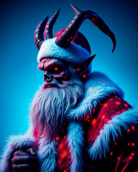 bo-christmas
Against a bright neon azure background a dark satanic figure ldressed as santa ooks to the left in the distance. The creatures skin is a leathery mess of flaming cracks and blistering pustules