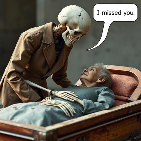 Photograph of clean looking skeleton wearing an old dusty and weathered suit bends lovingly over the open casket of a old lady. The skeleton says in a text bubble "I missed you"