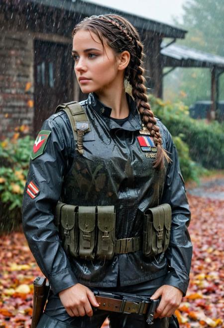 tv_French_Mix, Cinematic Girls With Guns Style, female soldier, hair in a french braid, brunette, black bulletproof vest, (((chest badge with text : "Armée de Terre"))), camo military fatigues, red military beret, outdoors, barracks, (standing guard), (loving gaze), heavy rain, wet clothes, wet hair, autumn colors, autumn foliages, dead leaves on the ground